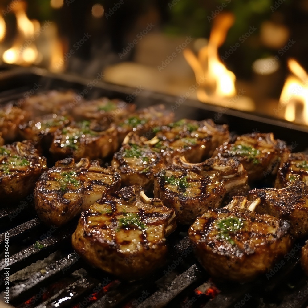 Grilled lamb chops on barbecue grill with flame background Grilled lamb chops on barbecue grill with flame background