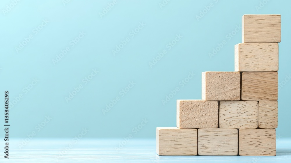 Obraz premium A minimalist arrangement of wooden blocks stacked in a stair-like formation against a light blue background.
