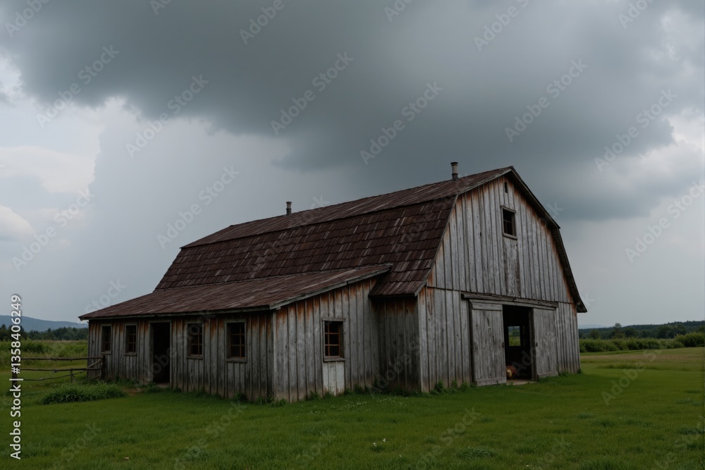 Obraz premium Weathered Wooden Barn Under Brooding Gray Skies in a Rural Landscape, Surrounded by Lush Green Fields and Dramatic Cloud Cover