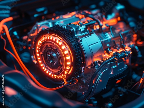 Electric vehicle motor closeup automotive workshop high-definition photography industrial environment detailed view modern technology