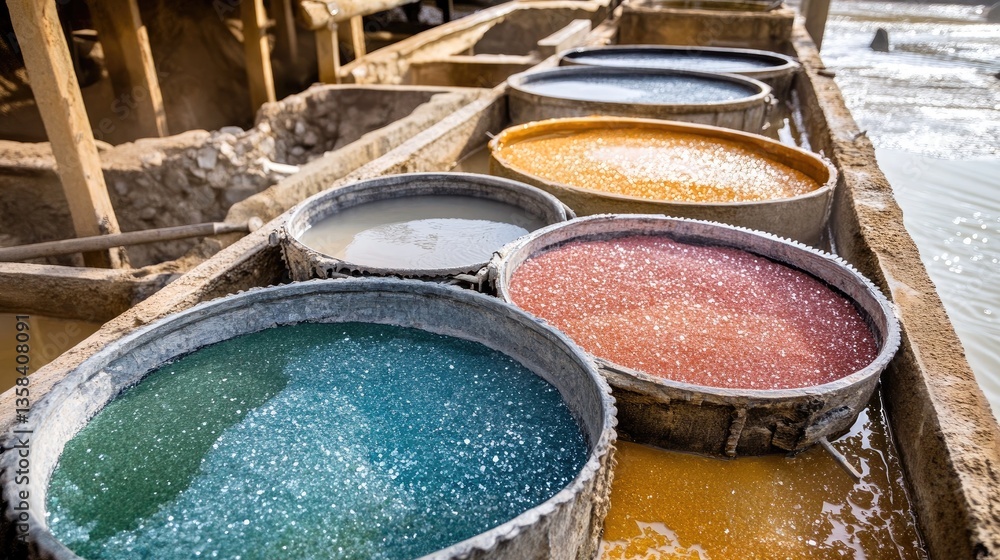A gemstone panning scene with sieves and water basins, capturing natural mineral separation. A gemstone panning scene with sieves and water basins, capturing natural mineral separation.