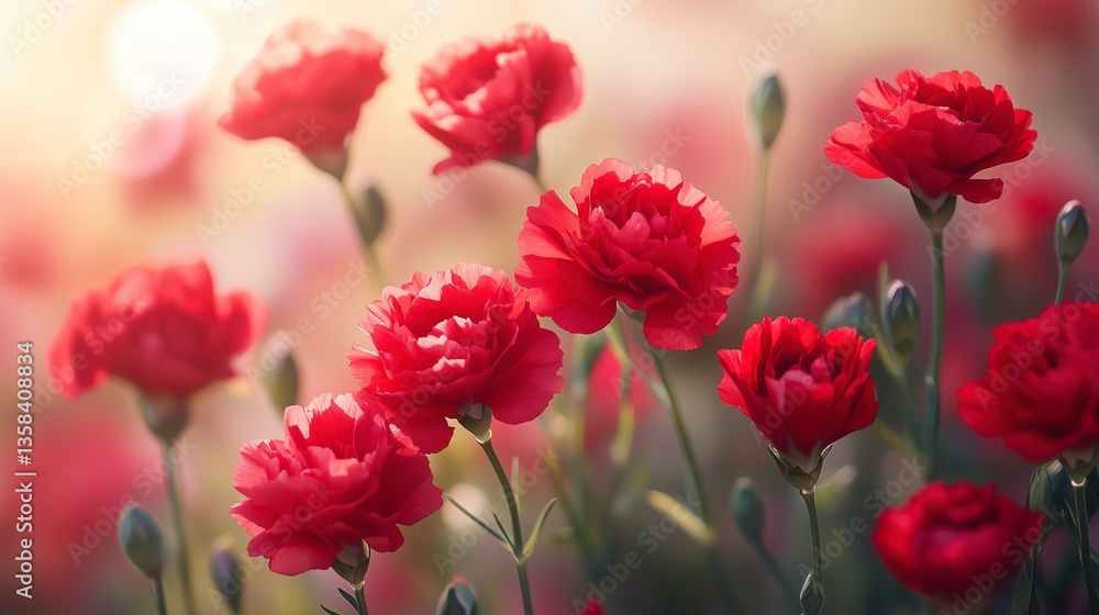 Vibrant red carnations in sunlit garden with soft bokeh background Vibrant red carnations in sunlit garden with soft bokeh background