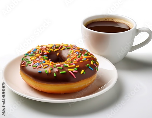 una dona de chocolate cubierta con chispas de colores sobre un plato blanco junto a una taza con café aromatico y caliente, fondo blanco recortable