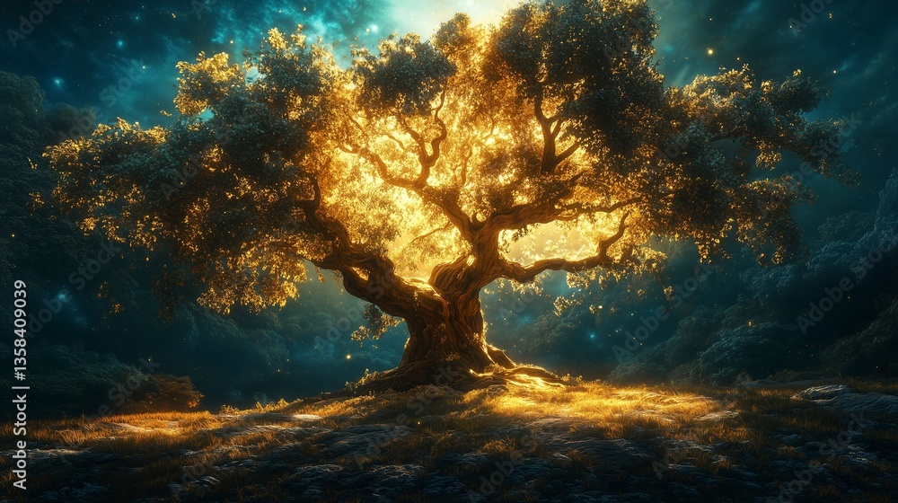 Enchanted glowing tree under starry night sky in mystical forest Enchanted glowing tree under starry night sky in mystical forest