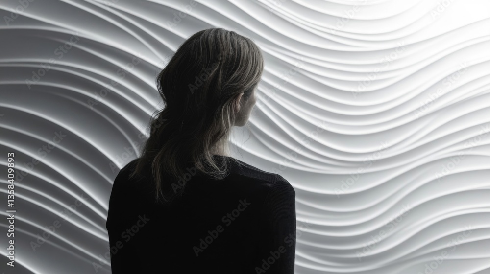 Obraz premium Woman Observing Abstract Wave Pattern Wall