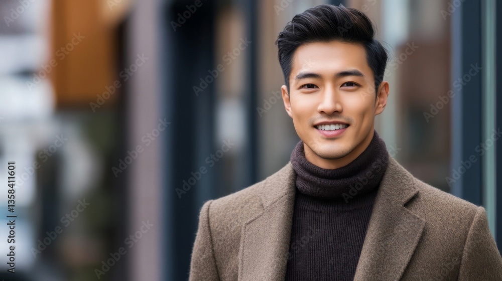 Obraz premium Smiling Asian Man in Brown Coat and Turtleneck