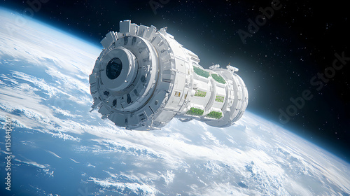 Fototapeta Naklejka Na Ścianę i Meble -  A futuristic space station orbits Earth. The structure features integrated gardens suggesting sustainable food production. It's a vision of space colonization. 