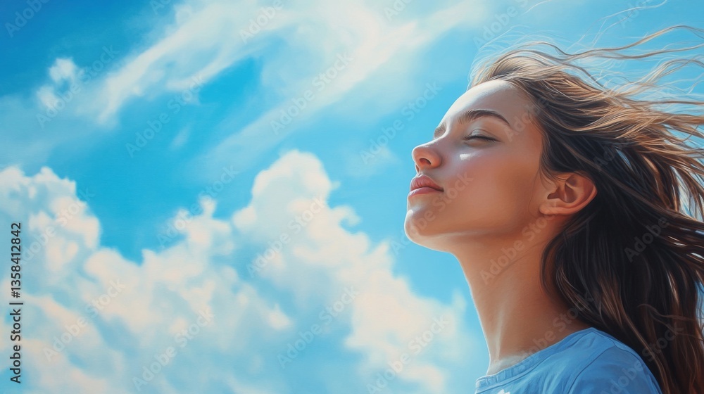 Young Woman with Windblown Hair, Profile Portrait against Sunny Blue Sky Young Woman with Windblown Hair, Profile Portrait against Sunny Blue Sky