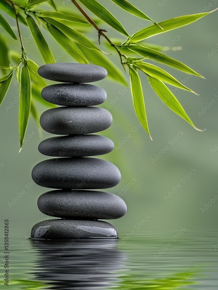 Obraz premium Tranquil Zen Garden with Smooth Dark Stones Reflected in Calm Water Beneath a Graceful Bamboo Branch and Serenity Elements