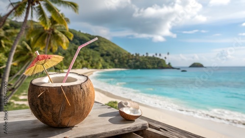 Wallpaper Mural A tropical paradise scene featuring a coconut drink with a straw and a small umbrella on a wooden surface. Torontodigital.ca