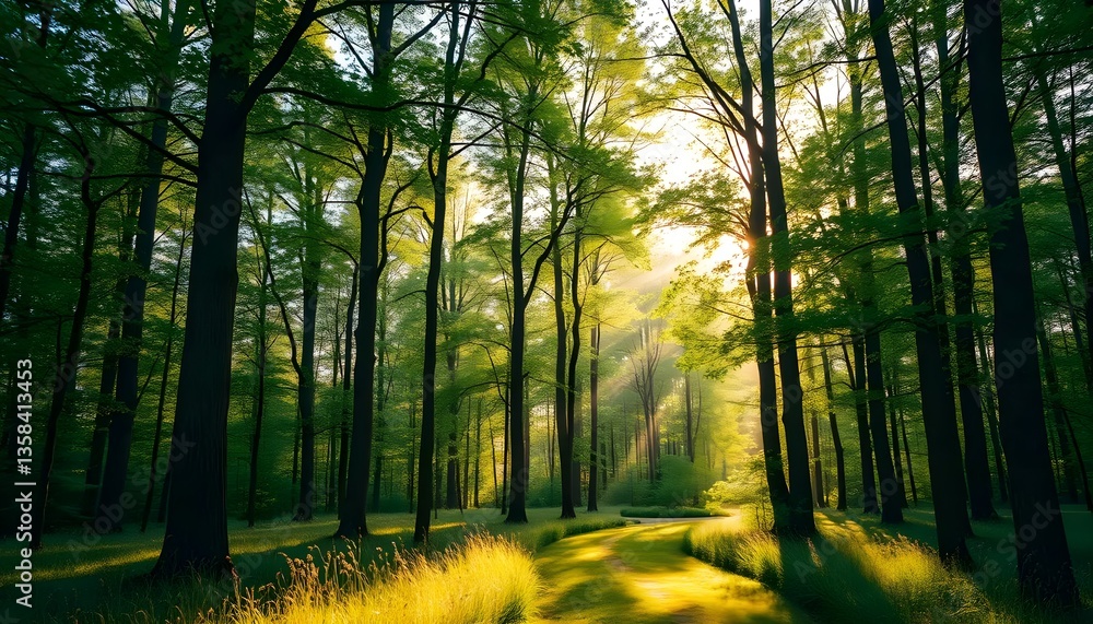 Obraz premium Forest trees sunlight landscape nature woods green environment peaceful scenic outdoor tranquil scene