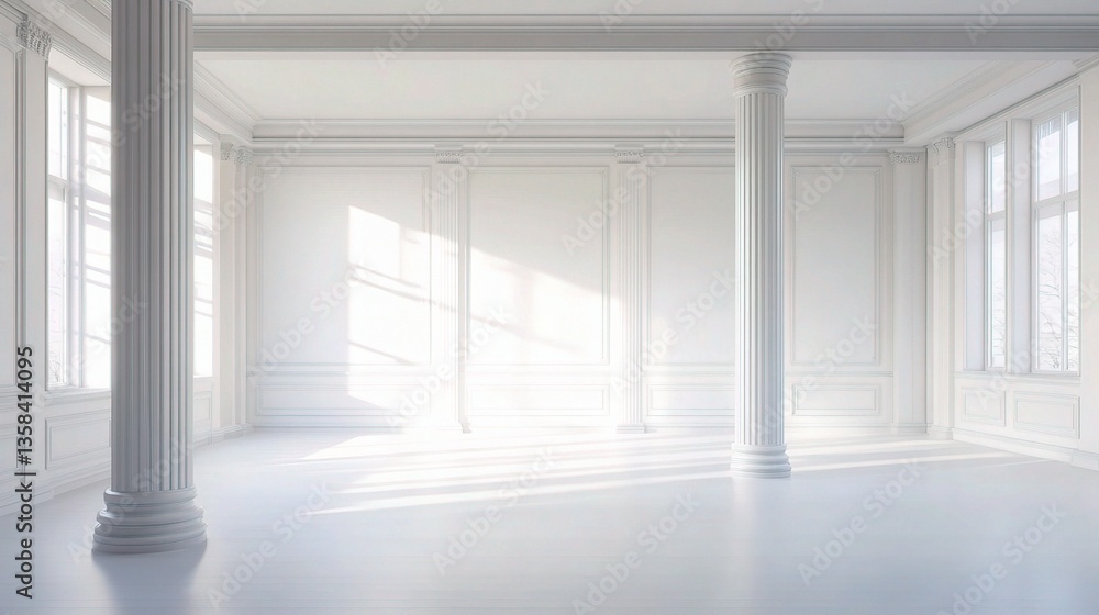 Fototapeta premium Bright White Office Corner with Columns and Natural Light