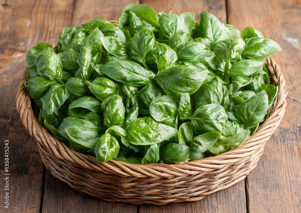 Fresh green basil leaves overflowing from a woven basket on wood Fresh green basil leaves overflowing from a woven basket on wood