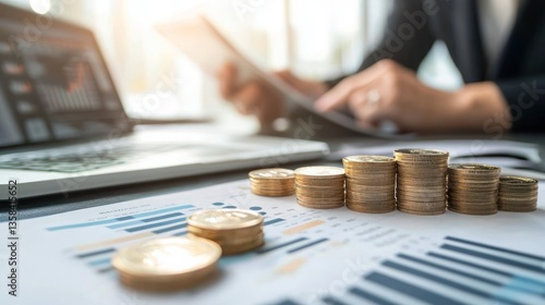 A pension plan finance background showing a senior couple reviewing their investments.