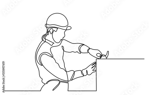 Continuous line drawing of male construction worker constructing brick wall.single line of workers Labour with engineer team confident portrait.  Workers and Labour Day.
