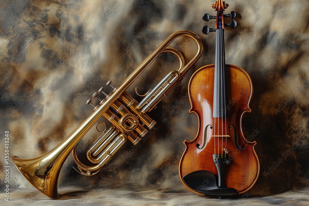 Elegant brass trumpet and classic wooden violin against textured backdrop