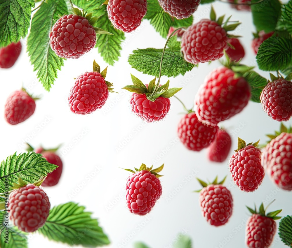 Fresh raspberries with leaves in mid-air, vibrant red color Fresh raspberries with leaves in mid-air, vibrant red color