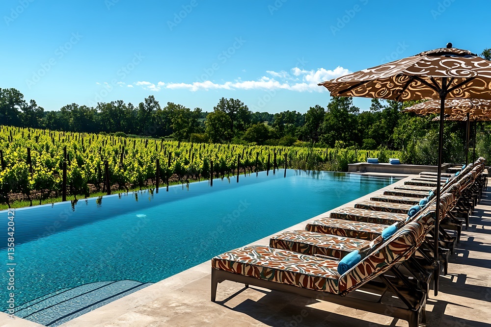 Fototapeta premium Poolside vineyard view with elegant sun loungers and wine-themed umbrellas near rolling grape fields.