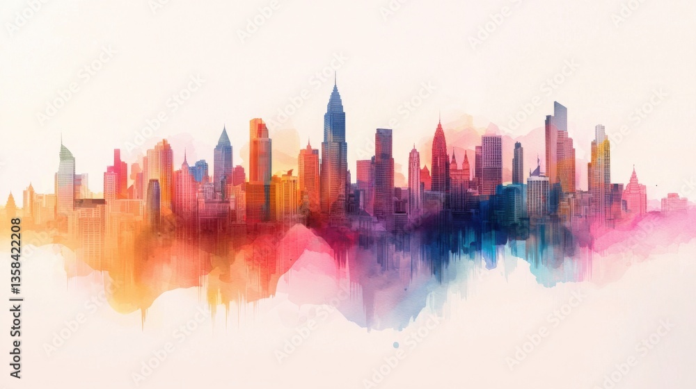 Obraz premium Dynamic Abstract Watercolor Art of Bangkok's Skyline in Vibrant Hues