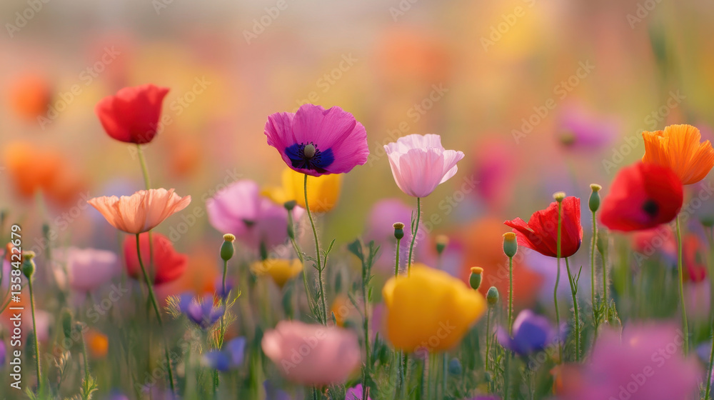 Fototapeta premium vibrant field of flowers showcases variety of colors, including red, pink, purple, and yellow blooms, creating cheerful and lively atmosphere. natural light enhances beauty of this floral