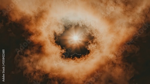 A swirling vortex of dark orange smoke forms a halo around a bright light resembling a ghostly figure from a mirror's depths