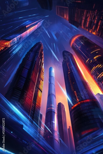 Futuristic Abstract Painting of Shanghai Skyline with Dynamic Light Effects