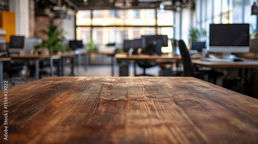Empty Wooden Table in Blurred Modern Office Space Background