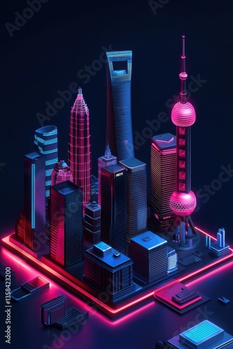 Abstract High-Tech Version of Shanghai Skyline with Neon Lights and Modern Architecture