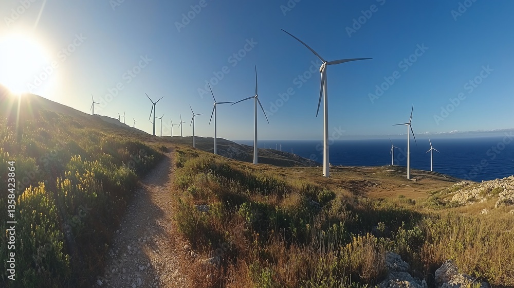 Naklejka premium Panoramic View of Wind Farm with High Wind Turbines: Green Energy Concept with Ample Copy Space