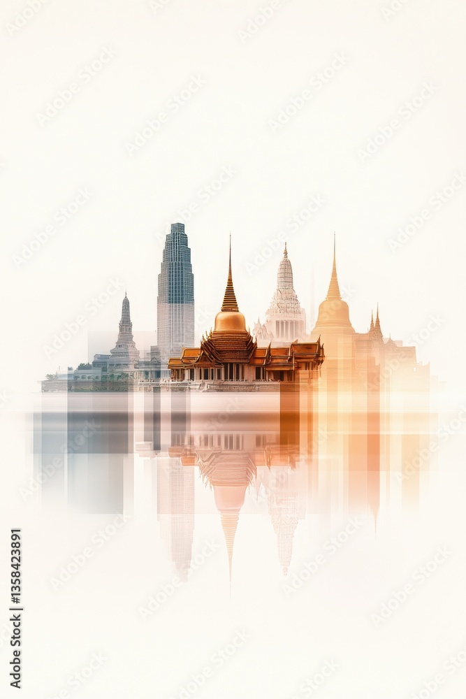 Naklejka premium Serene Watercolor Blend of Old Thai Temples with Modern Cityscape Reflection