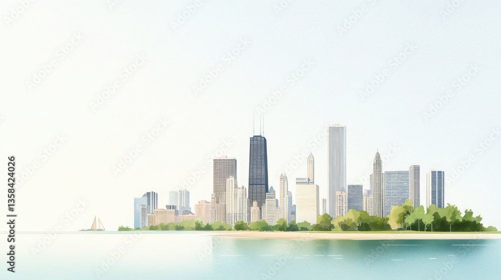 Fototapeta premium Peaceful Watercolor Illustration of Chicago's Skyline with Serene Waters and Greenery
