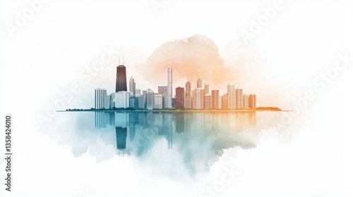Peaceful Watercolor Art of Chicago Skyline with Soft Reflections and Serene Colors