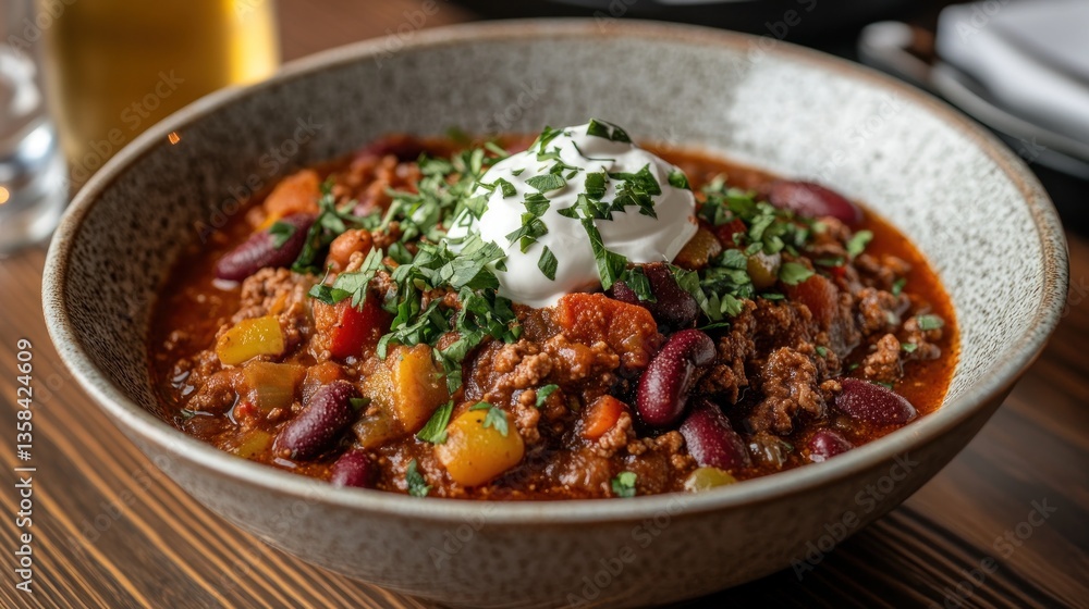 Hearty bowl of chili con carne topped with sour cream and parsley. Hearty bowl of chili con carne topped with sour cream and parsley.