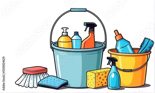 Pixel Art Cleaning Supplies Illustration Colorful Buckets and Brushes