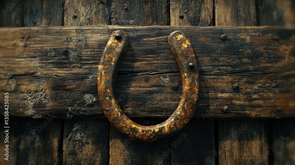 Rusty horseshoe on weathered wooden planks Rusty horseshoe on weathered wooden planks