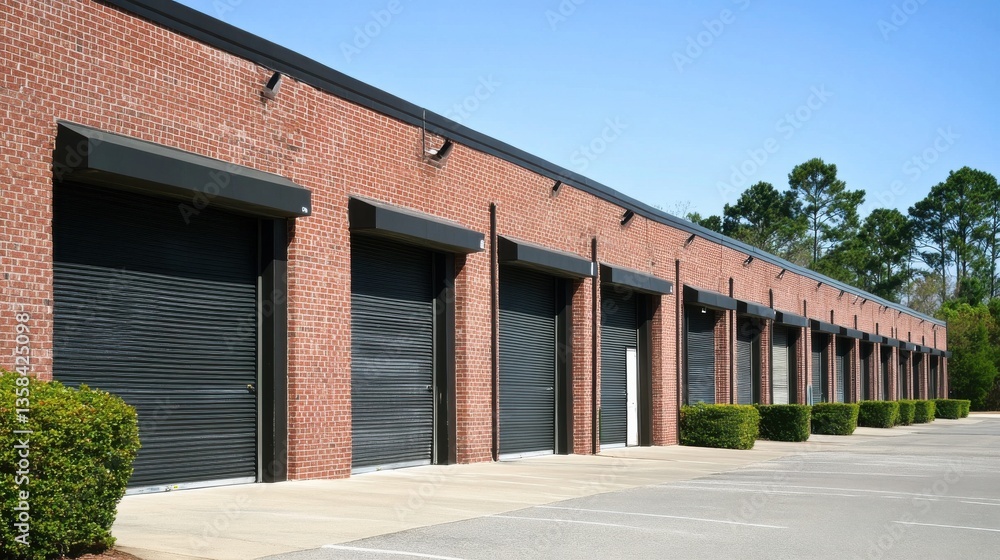 Industrial Warehouse Exterior with Roll-Up Doors and Clear Sky Industrial Warehouse Exterior with Roll-Up Doors and Clear Sky