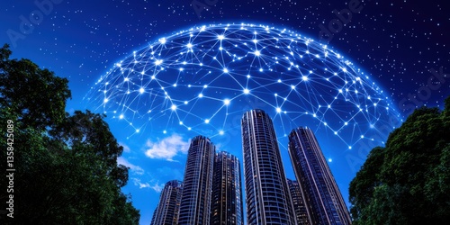 A Glowing Network of Interconnected Nodes Forms a Sphere Above a Neon-Lit Cityscape Representing a Futuristic Vision