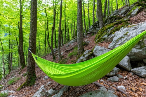 A tranquil lime green hammock swaying gently in a sunlit forest surrounded by mossy rocks and vibrant lush greenery