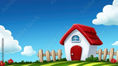 A Beautiful Sunlit Haven Featu a White House with Red Roof and Door Surrounded by Lush Green Hills and Picket Fence