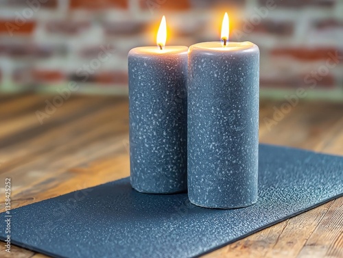 Soft Shadows from Gray Candles on Rustic Surface in a Sunlit Room with Blurred Brick Wall and Dark Gray Yoga Mat Below