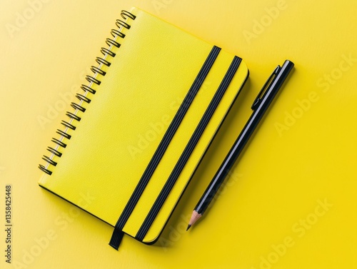 Sunlit Yellow Stationery with Spiral Notebook and Black Pencil on Warm Yellow Surface for Creative Inspiration and Work