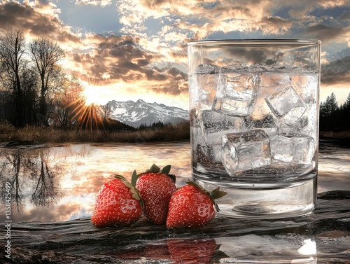 Sunset-Hued Glass Filled with Sparkling Water and Ice Beside Ripe Strawberries on Weathered Log at Stunning Sunset View