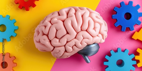 Vibrant pink brain model surrounded by colorful interlocking gears showcasing the complex workings of human cognition and thought