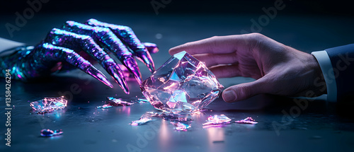 A demonic hand reaching for a large crystal. A human hand attempts to grasp it instead. Illustrates a struggle for a precious object or power.