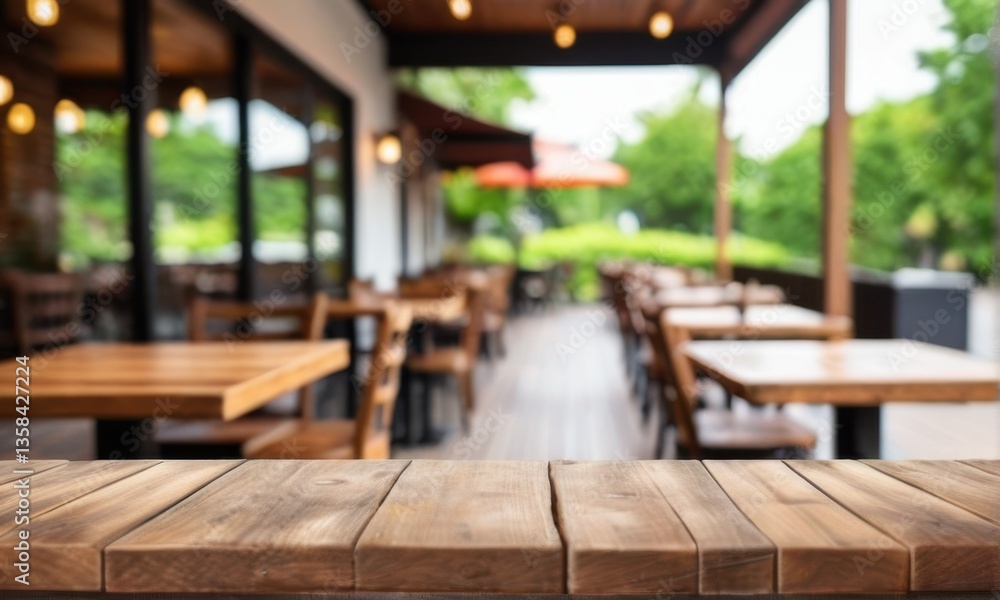 Fototapeta premium Rustic Wooden Tabletop with Blurred Outdoor Cafe Background