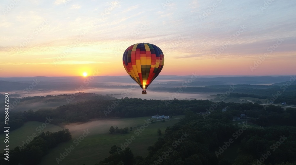Obraz premium Hot air balloon soaring over misty valley at sunrise.
