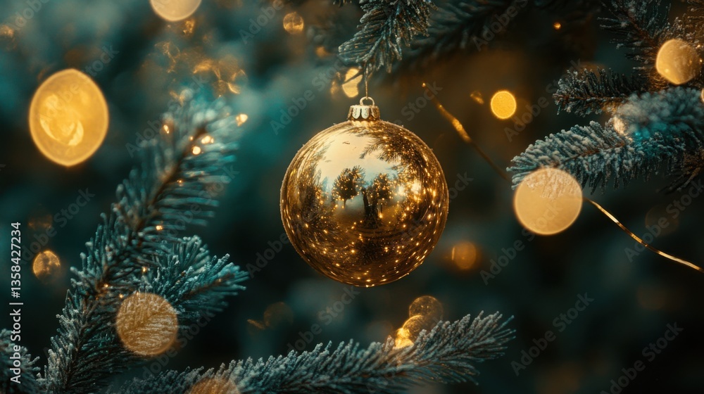 A golden ornament shines on a frosted Christmas tree. A golden ornament shines on a frosted Christmas tree.