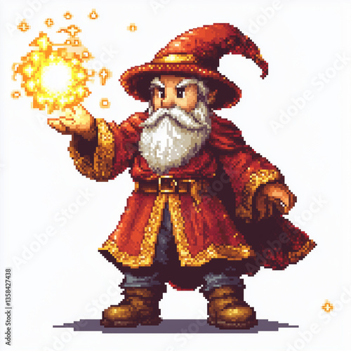 Retro video game pixel-style sprite casting spells