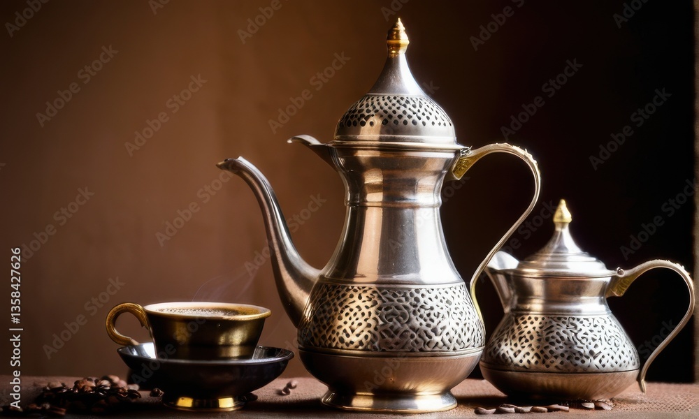 Steaming Coffee in Ornate Silver Coffee Set on Dark Wooden Table Steaming Coffee in Ornate Silver Coffee Set on Dark Wooden Table