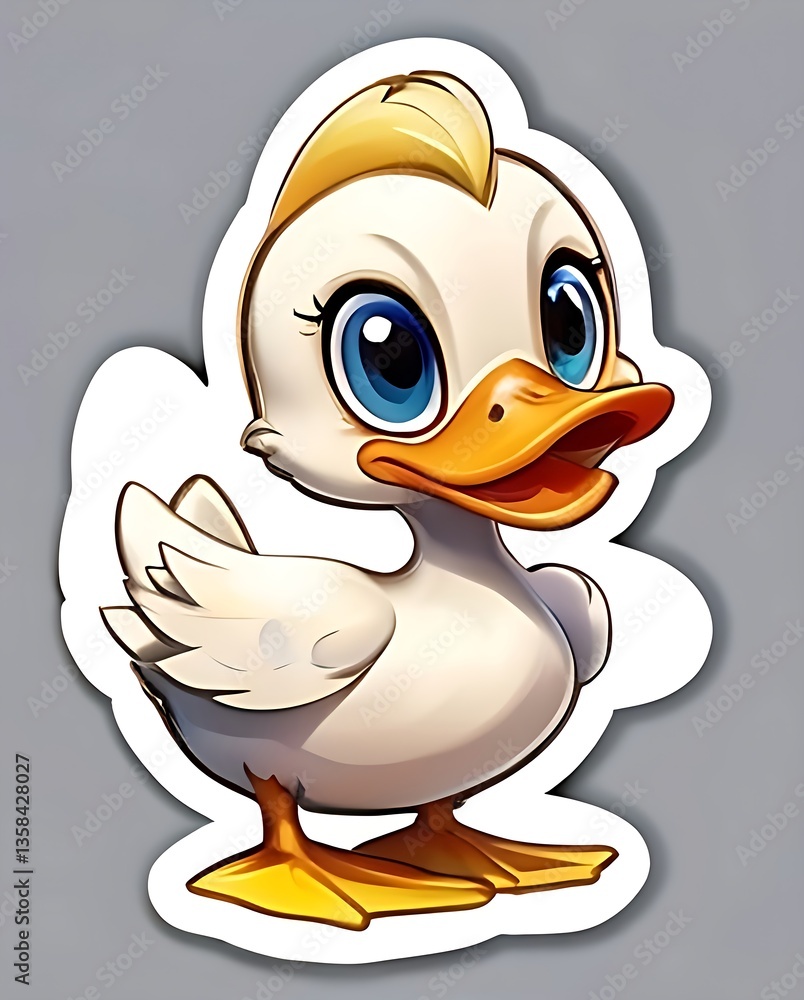 Fototapeta premium A cheerful sticker depicting a duck with big, bright eyes, perfect for adding personality to your belongings.